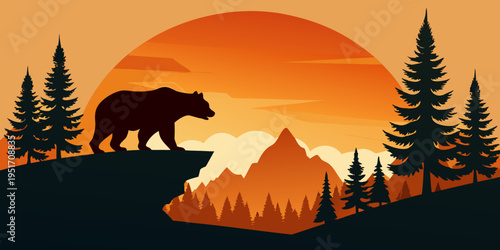 Bear silhouette walks on rocky cliff edge. Pine forest and mountain landscape during vibrant orange sunset. Wild nature scene with graphic grunge art style.