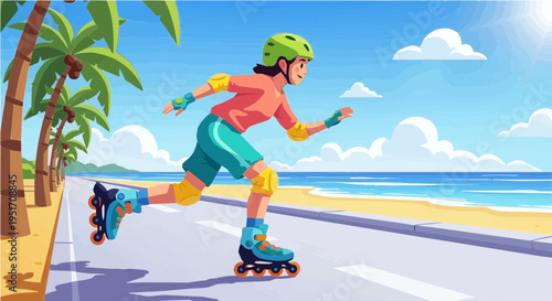 Woman rollerblading along sunny beach promenade with palm trees vector illustration