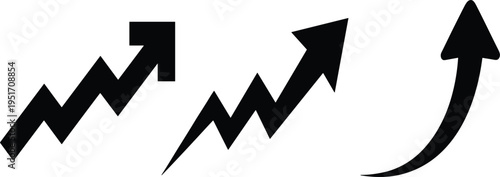 Three black upward trending arrows with jagged and curved lines on white background