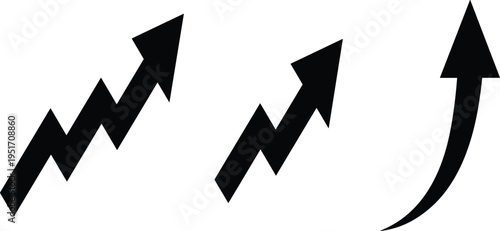 Three black upward pointing arrows on white background showing growth and progress