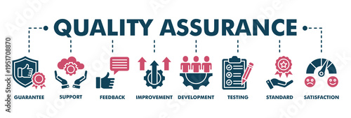 Quality assurance web fill vector illustration concept with icon of guarantee, support, feedback, improvement, development, testing, standard, satisfaction