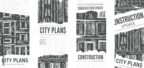 Four panels depicting architectural blueprints and construction updates in a monochromatic woodcut style