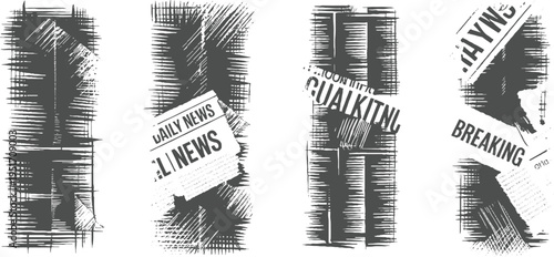 Four abstract grunge newspaper fragments with text and hatching textures daily breaking