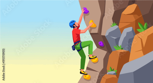 Man rock climbing on steep mountain cliff with colorful gear vector illustration