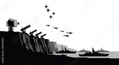 Military defense system with anti aircraft guns and flying planes over a coastal cliff with ships
