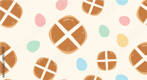 Pattern of hot cross buns and pastel Easter eggs festive background vector illustration