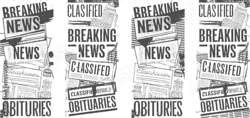 Newspaper headlines breaking news classified ads and obituaries in vintage distressed style