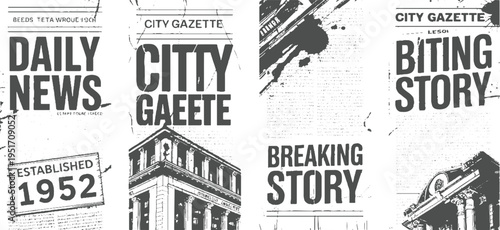 Newspaper headlines daily news city gazette biting story breaking story established 1952 vintage architecture
