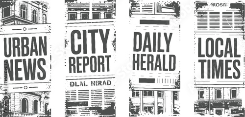 Four vintage newspaper mastheads with architectural Urban News City Report Daily Herald Local Times