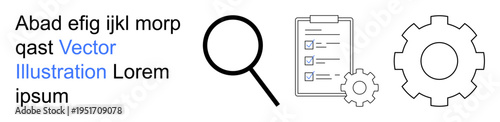 Search processes, task organization, workflow solutions, project management, quality assurance, system optimization. A magnifying glass, a checklist and a gear icon. Search and task organization
