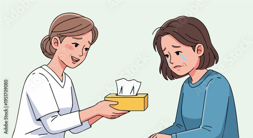 Compassionate female therapist offering tissues to sad emotional woman in counseling session vector illustration