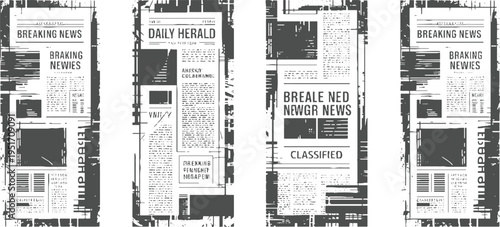 Four stylized newspaper pages with bold headlines and textured columns in monochrome breaking daily herald