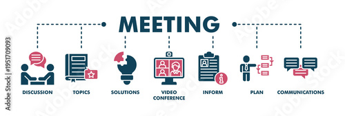 Meeting banner web fill vector illustration for business meeting and discussion with communications, topics, solutions, plan, inform and video conference icon