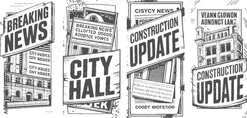 Four vintage newspaper headlines announcing breaking news city hall construction updates and building information
