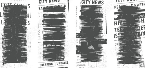 Four columns of newspaper text with dark grey scribbled censorship marks obscuring headlines and articles