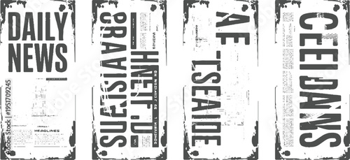 Four vertical newspaper sections with bold dark gray text and distressed borders