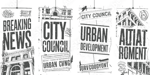 Four vintage newspaper style banners with urban themes and distressed textures breaking