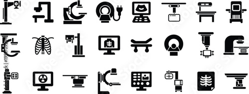 X ray machine medical equipment icon set collection group in black flat style featuring radiology, scanner, imaging, diagnostic, hospital technology and healthcare synonym elements for clinic design