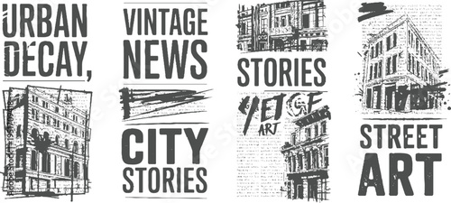 Urban decay vintage news city stories street grunge with architectural