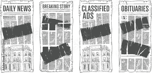 Four newspaper sections daily news breaking story classified ads obituaries with buildings