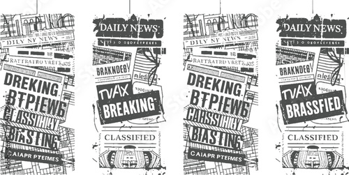 Four panels of newspaper clippings with bold headlines and textured backgrounds in a monochromatic style