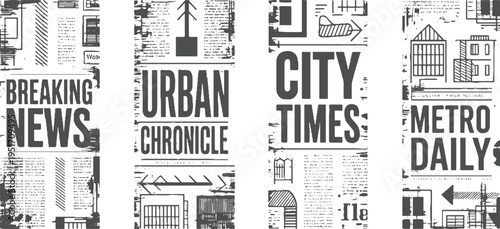Four distinct newspaper sections with bold headlines and in a monochromatic style breaking