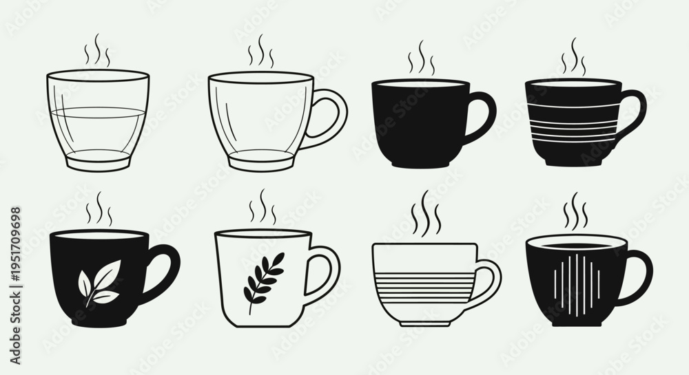 Fototapeta premium Selection of eight drinking vessels including glass cups and ceramic mugs with steam and decorative elements