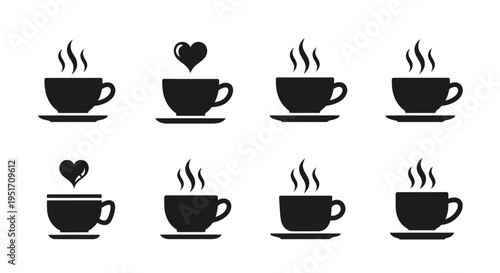 Set of eight hot coffee cups with heart-shaped steam vector icons. various steaming mugs on saucers. black silhouettes