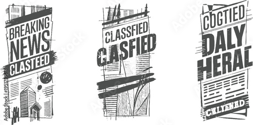 Three vintage newspaper headlines in a sketchy monochrome style depicting breaking news classified ads and a daily herald