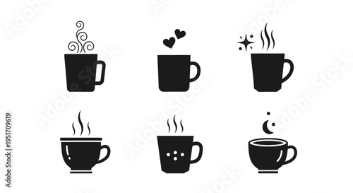 Set of six unique hot coffee cups vector icons. various steaming mugs with special effects. black silhouettes on white background