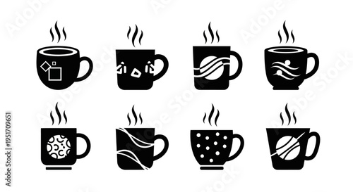 Collection of eight black hot beverage mugs with steam and different artistic patterns on white background vector illustration
