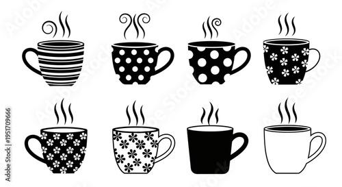 Group of eight assorted hot beverage cups with rising steam and decorative motifs on a light background vector art