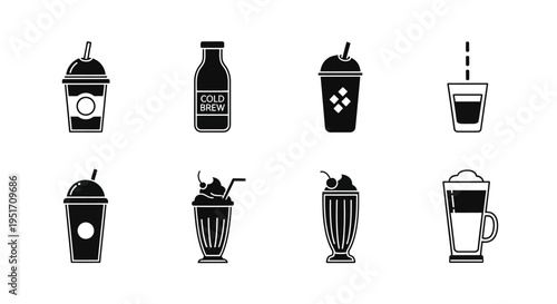 Assortment of eight cold drinks coffee and beverage containers with straws and ice on a plain background vector