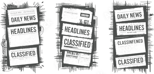 Three vintage newspaper sections with headlines daily news and classified ads framed by grunge borders