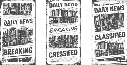 Three newspaper sections with buildings daily news breaking and classified ads
