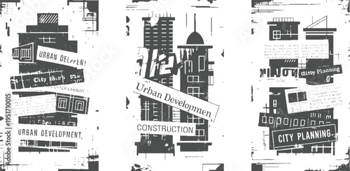 Collage of urban development and city planning newspaper clippings with building silhouettes construction