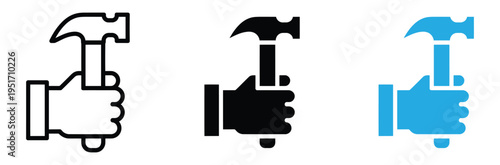Hand Holding Hammer Icon Vector Set for Construction Carpentry Repair and Industrial Tool Symbol