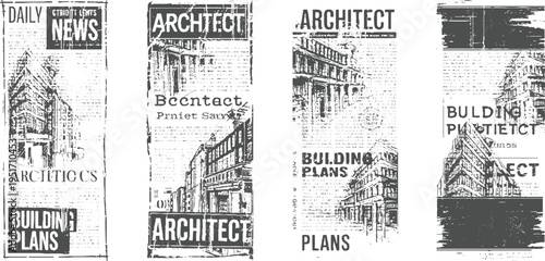 Architectural and news headlines in a distressed vintage newspaper style architecture building plans