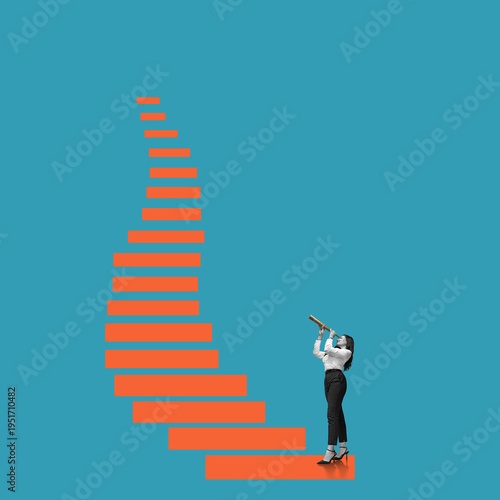 Signpost - business woman with telescope. Business analytics and strategic. Find a way.