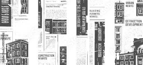 Retro newspaper clippings featuring urban buildings and construction news headlines vintage