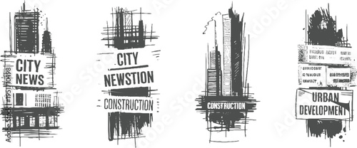 Four monochromatic banners depicting cityscapes with text labels city news construction and urban development in a sketchy distressed style