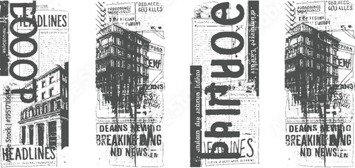 Four panels of newspaper clippings with large dark gray text and architectural of buildings headlines