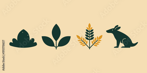 A minimalist illustration showcasing four distinct Australian native flora species in silhouette against a cream background.
