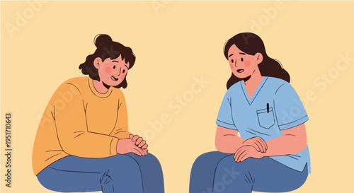 Two women sitting together in serious emotional conversation support moment vector illustration