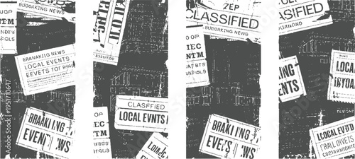 Overlapping distressed newspaper clippings with headlines about classifieds and local events in a monochromatic grunge style