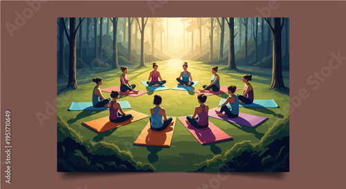 Group of people meditating peacefully in forest yoga retreat at sunrise vector illustration
