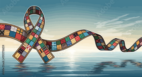 Vibrant awareness ribbon floats over serene ocean at sunset symbolizing hope and unity with colorful puzzle pieces