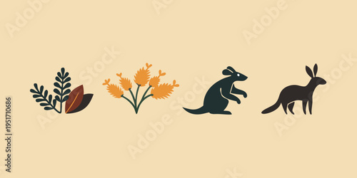 A minimalist illustration showcasing four distinct Australian native flora species in silhouette against a cream background.
