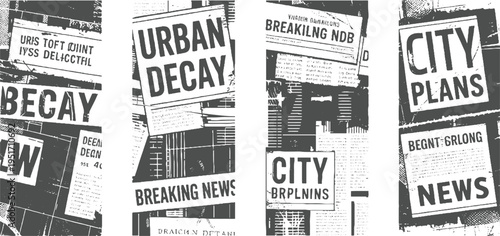 Four newspaper headlines and text blocks in a collage style with urban decay and city plans themes