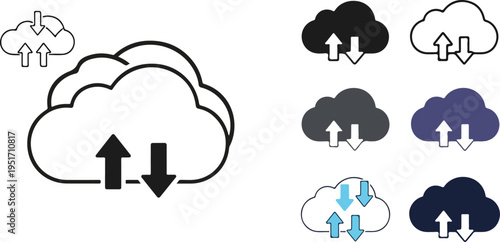 Modern cloud computing icons with upload and download arrows illustrating data transfer, storage solutions, syncing and online backup in outline and glyph styles eps